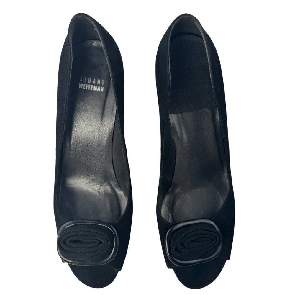 Stuart Weitzman Shoe Bow Peep Toe Pump Black Suede Size 9.5 M 3" Heel